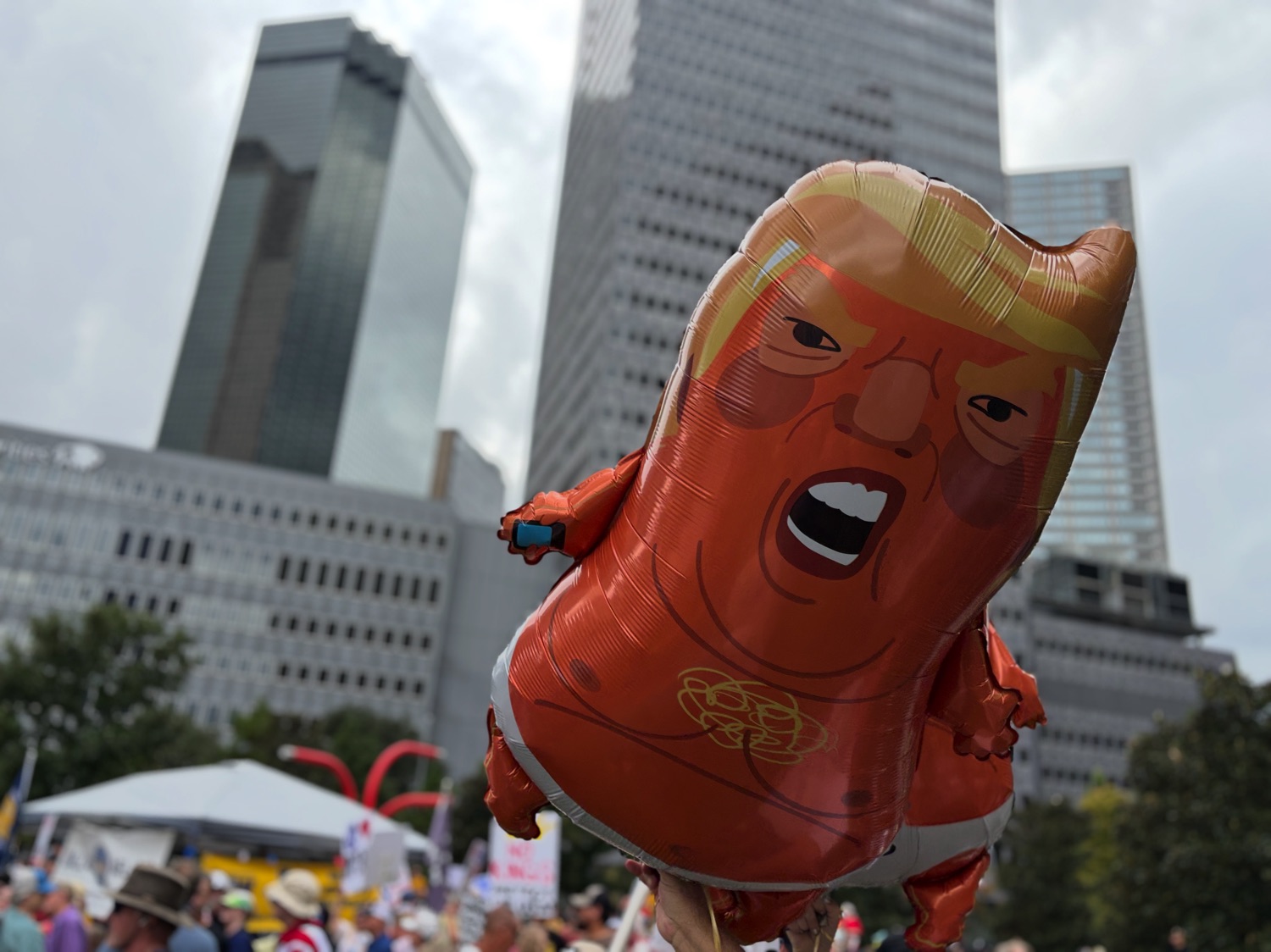 Donald Trump balloon at Dallas No KIngs protest