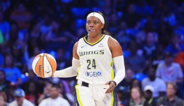 Dallas Wings guard Arike Ogunbowale dribbles during the second half of a WNBA basketball game against the New York Liberty in Arlington, Texas, Monday, July 28, 2025. (AP Photo/LM Otero)