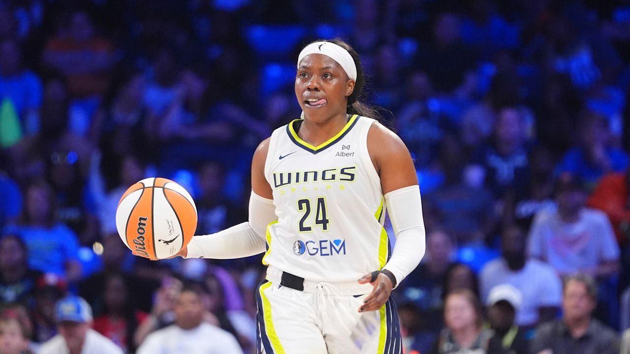 Dallas Wings guard Arike Ogunbowale dribbles during the second half of a WNBA basketball game against the New York Liberty in Arlington, Texas, Monday, July 28, 2025. (AP Photo/LM Otero)