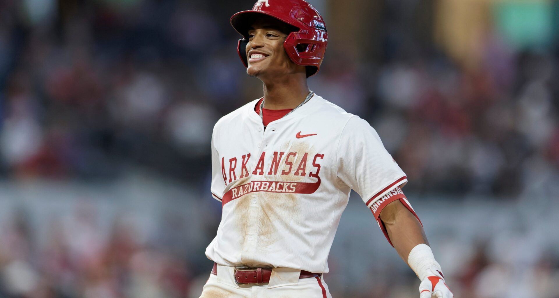 Damian Ruiz (42) Arkansas Razorbacks vs Texas Tech Red Raiders in a NCAA baseball game for the Shriners Children’s College Showdown at Globe Life Field in Arlington, Texas on Sunday, February 15, 2026 (Photo by Eddie Kelly / ProLook Photos)