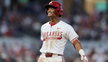 Damian Ruiz (42) Arkansas Razorbacks vs Texas Tech Red Raiders in a NCAA baseball game for the Shriners Children’s College Showdown at Globe Life Field in Arlington, Texas on Sunday, February 15, 2026 (Photo by Eddie Kelly / ProLook Photos)