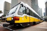 A DART train enters the Pearl/Arts District Station on Wednesday, Nov. 19, 2025, in Dallas.