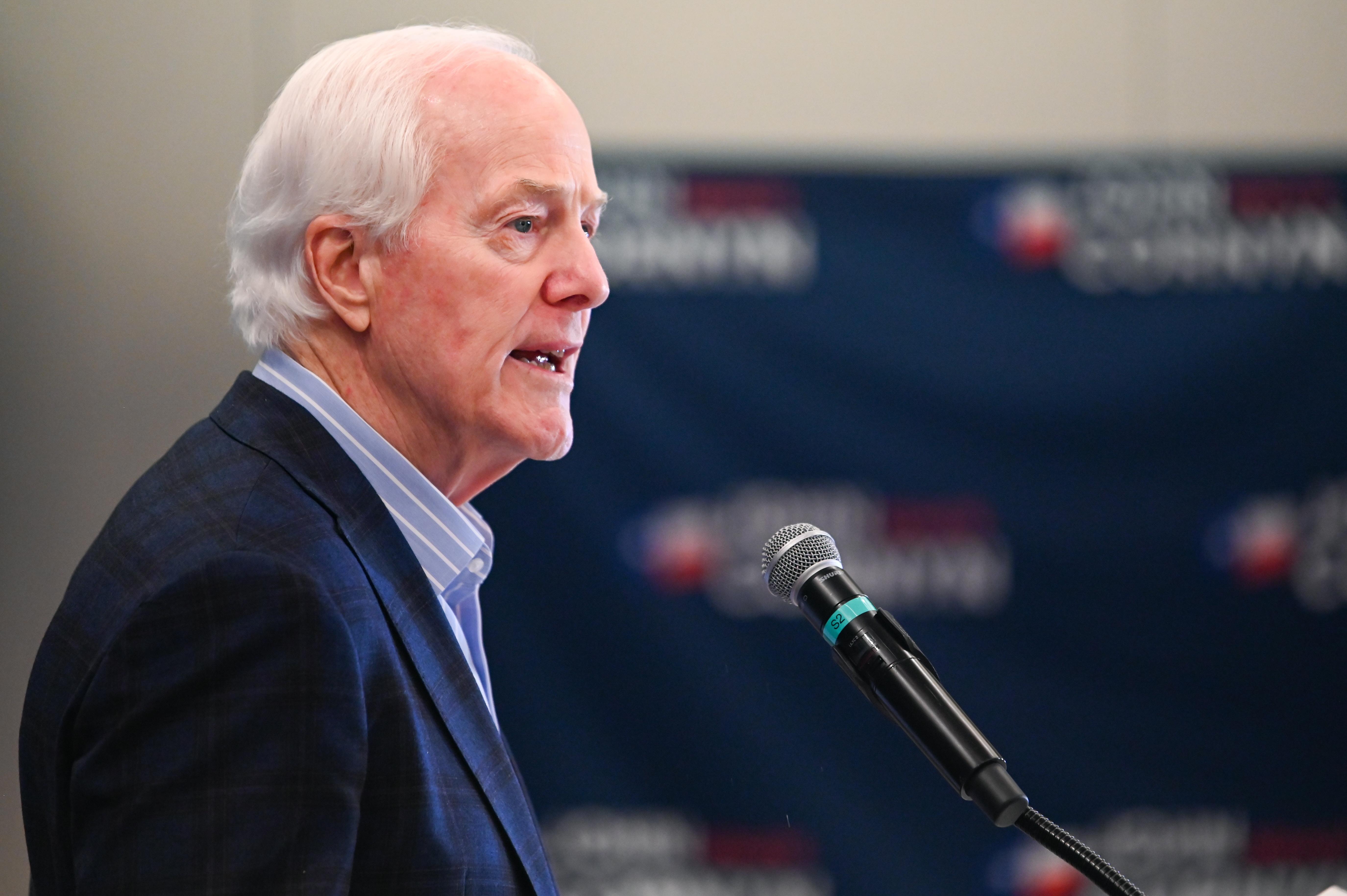 Sen. John Cornyn, R-Texas, speaks to the media in Austin, Texas.