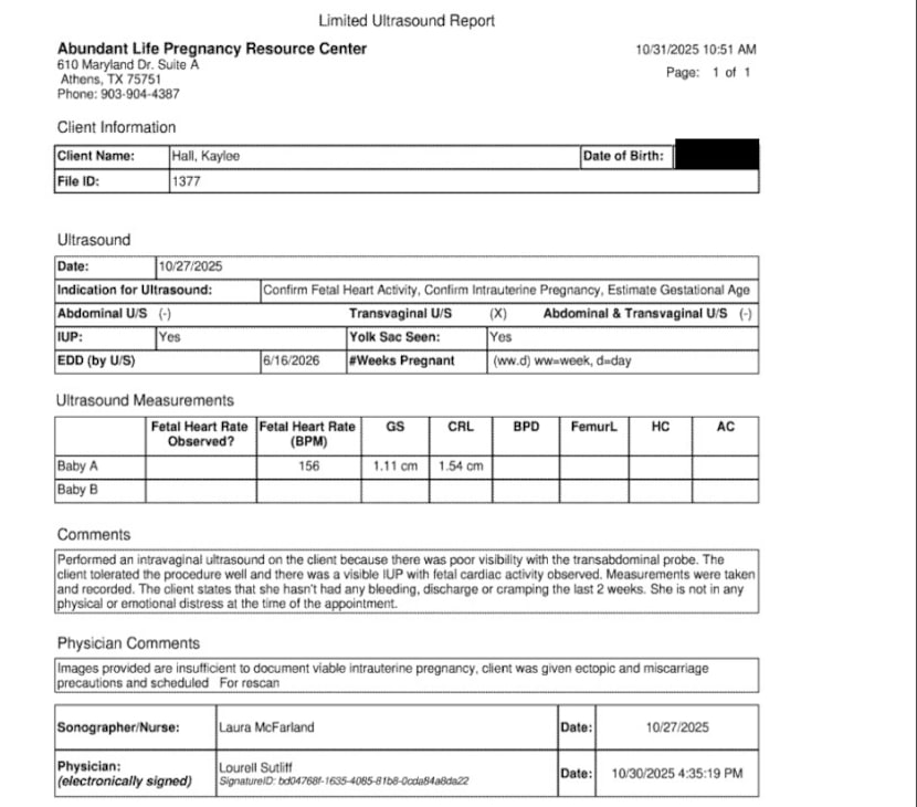This screenshot, from Kaylee Hall's medical records, shows the ultrasound report from...