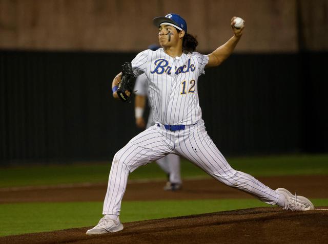 Brock pitcher Evan O’Connor (12) tosses the final pitch of the evening to end the game during a UIL Area Round 4A D2 baseball playoff game at Ranger Field in Saginaw, Texas, Friday, May 9, 2025.