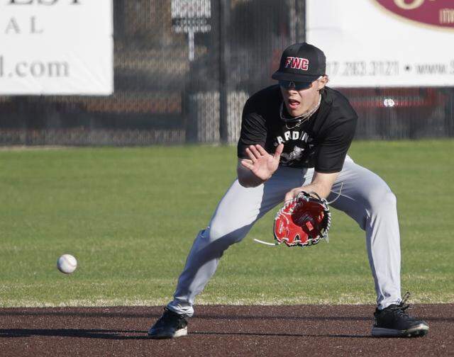 Fort Worth Christian short stop Grady Emerson sets up to receive a ground ball during baseball practice at Fort Worth Christian School in North Richland Hills, Texas, Monday Feb. 23, 2026.