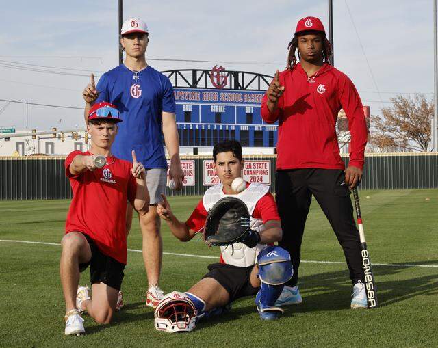 Grapevine Mustang baseball players (from left) Zack Goldstein, Luke Esquivel, Gianni Corral and Jorvorskie Lane Jr. photographed at practice at Grapevine High School in Grapevine, Texas, Tuesday, Feb. 17, 2026.