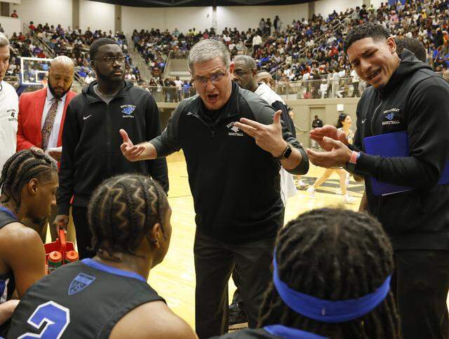 North Crowley head coach Tommy Brakel talks to the team during quarter change against Allen at the end of the first half of a UIL Class 6A Division I boys regional final basketball game at Thomas Coliseum in Haltom City, Texas, Friday, Mar. 06, 2026.