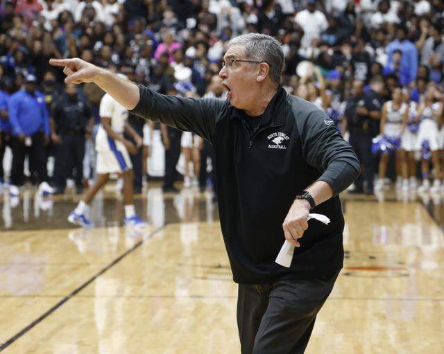 North Crowley head coach Tommy Brakel reacts in the final seconds against Duncanville during the second half of a UIL Class 6A Division I boys semifinal basketball game at Wilkerson Greines Activity Center in Fort Worth, Texas, Monday, Mar. 10, 2026.