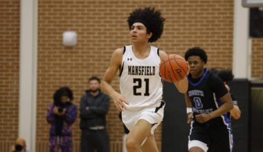 Mansfield's Judah Charles (21) brings the ball down court in front of North Crowley wing Bennjamin Jones (0) during the first half of a UIL boys basketball game between North Crowley and Mansfield at Mansfield High School in Mansfield, Texas, Tuesday Jan. 20, 2026