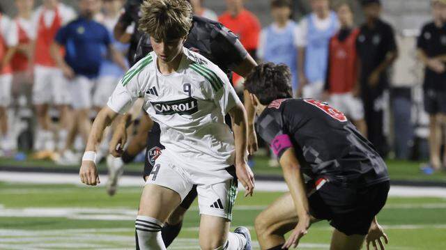 Mansfield Legacy midfielder Luke Lenamond (6) defends against Southlake Carroll John Skiermont (9) during the second half of a UIL bi-district round boys soccer playoff game at Crowley ISD Multi-Purpose Stadium in Fort Worth, Texas, Friday, March, 20, 2026.