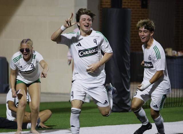 Southlake Carroll’s John Skiermont celebrates his goal against Mansfield Legacy during the second half of a UIL bi-district round soccer playoff game at Crowley ISD Multi-Purpose Stadium in Fort Worth, Texas, on Friday, March 20, 2026.
