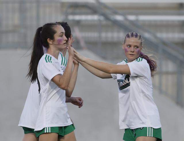 Southlake Carroll defender Ava Sexton congratulates midfielder Maura Hayes after she scored during the second half of a UIL bi-district round soccer playoff game at Crowley ISD Multi-Purpose Stadium in Fort Worth, Texas, on Friday, March, 20, 2026.