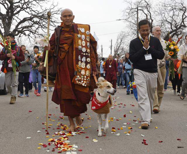 Buddhist monks who walked nearly 2,300 miles to Washington D.C. for Peace arrive back to the Húóng Do Vipassana Bhavana Center in Fort Worth, Texas, Saturday Feb. 14, 2026.