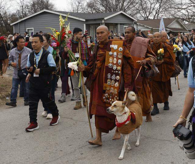 Buddhist monks who walked nearly 2,300 miles to Washington D.C. for Peace arrive back to the Húóng Dao Vipassana Bhavana Center in Fort Worth, Texas, Saturday Feb. 14, 2026.
