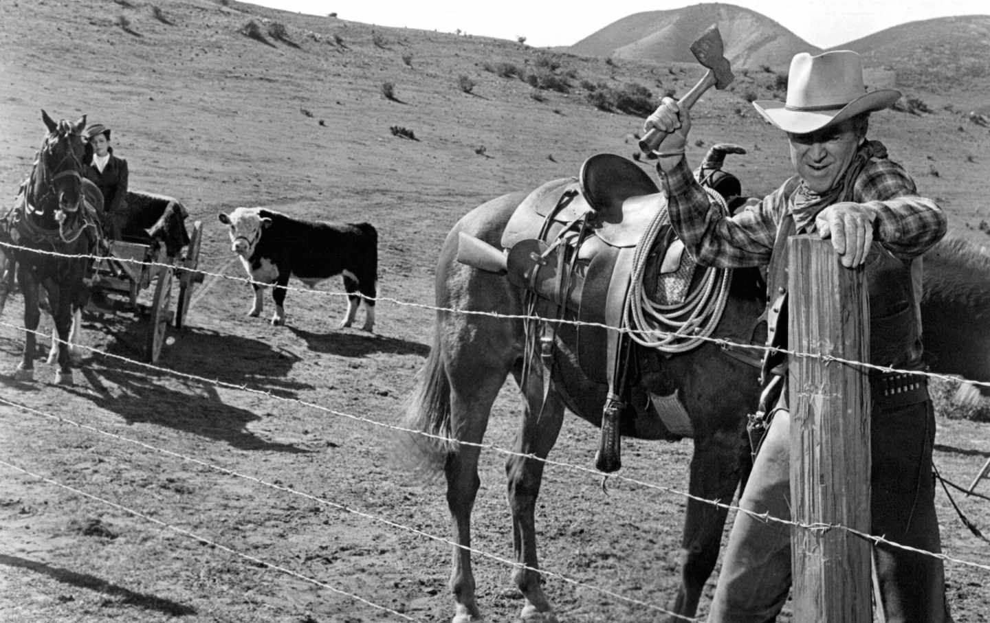 A scene from the film "The Rare Breed" showing James Stewart cutting a barbed wire fence in 1880s Texas.