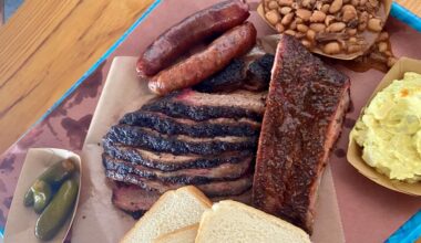 An assortment of brisket, sausage, pork ribs and sides from Franklin Barbecue in Austin, Texas, on June 2, 2024. (Spectrum News 1)