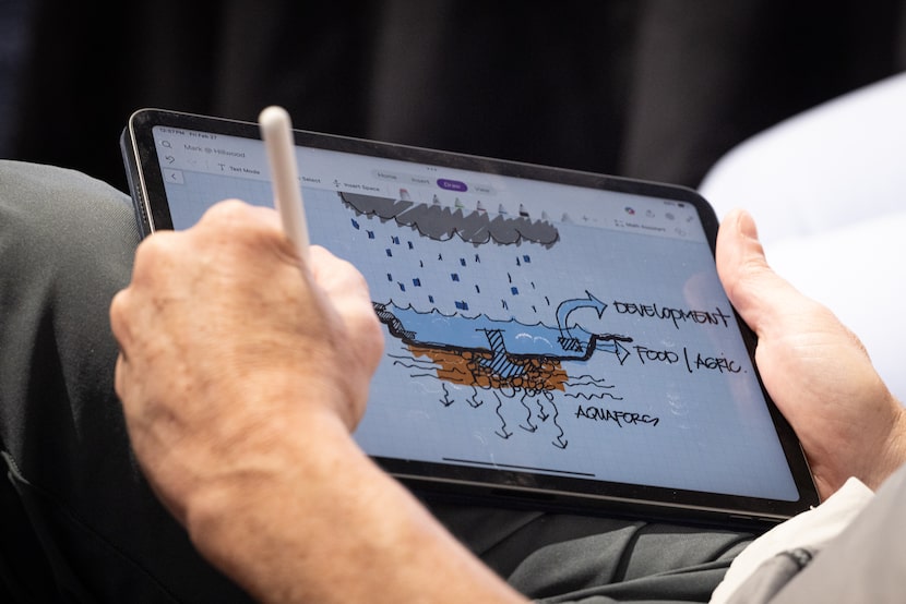 Mark Meyer, Hillwood Communities director of planning and innovation, sketches on a tablet...