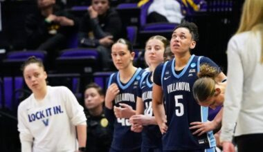 Villanova's bench watches the final second tick off of its 57-52 loss to Texas Tech in Baton Rouge, La.