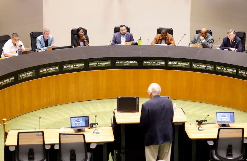Dallas City Council members (from left) Jaime Resendez, Chad West, City Secretary Bilierae...