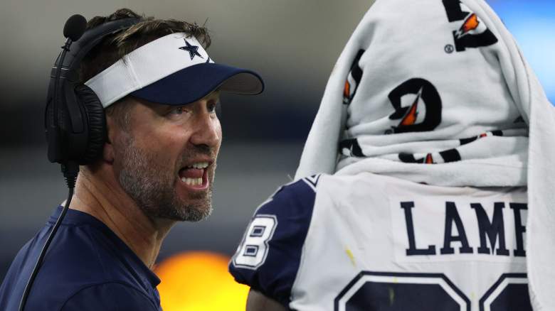 Dallas Cowboys coach Brian Schottenheimer speaks with CeeDee Lamb