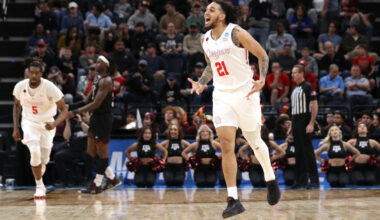 MEMPHIS, TENNESSEE - MARCH 24: Emanuel Sharp #21 of the Houston Cougars reacts during the first half against the Texas A&M Aggies in the second round of the NCAA Men's Basketball Tournament at FedExForum on March 24, 2024 in Memphis, Tennessee. (Photo by Justin Ford/Getty Images)