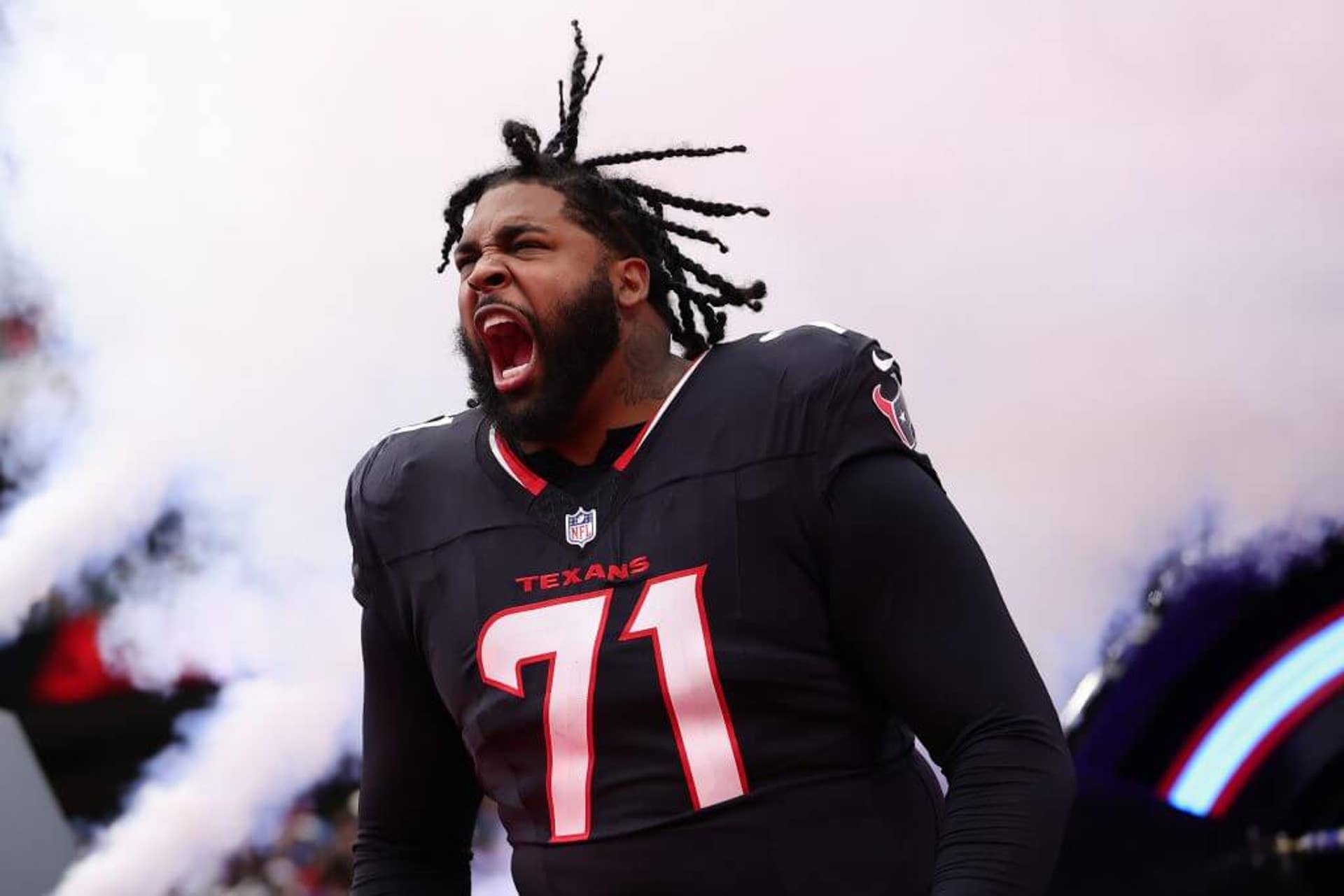 Tytus Howard #71 of the Houston Texans takes the field before a game against the Los Angeles Chargers during the AFC Wild Card Playoffs at NRG Stadium on Jan. 11, 2025 in Houston, Texas.