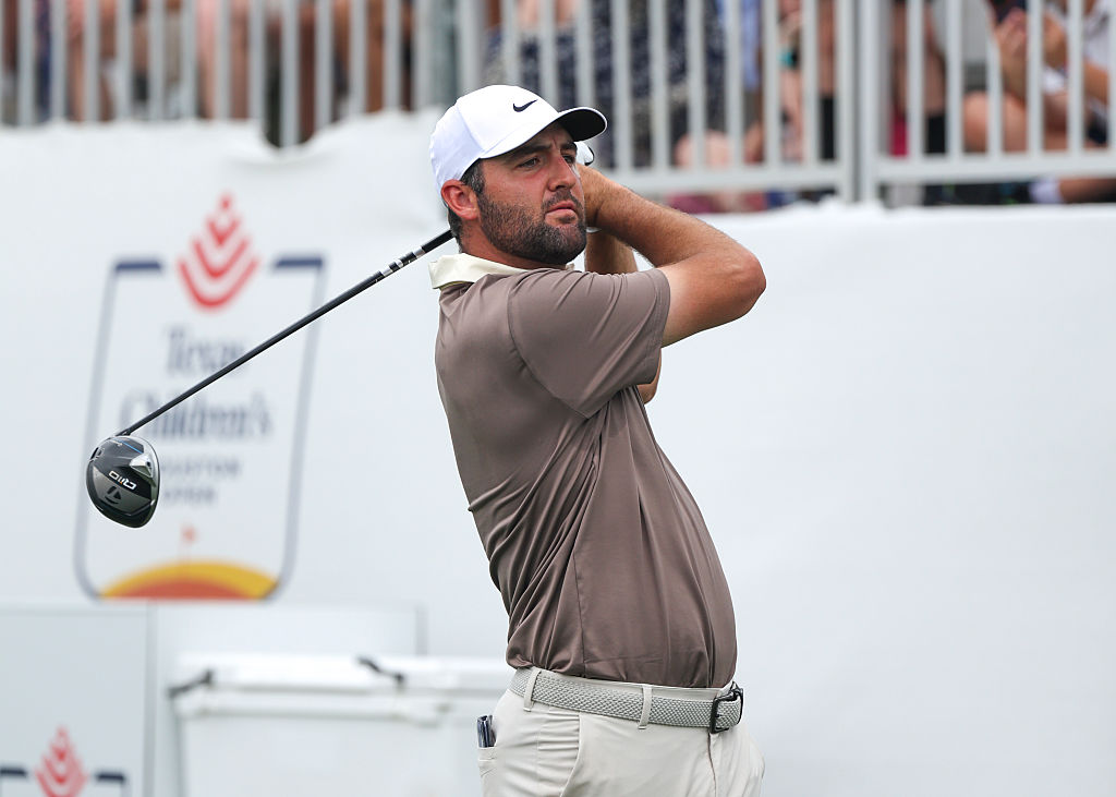 HOUSTON, TX - MARCH 30: Scottie Scheffler (USA) watches his tee shot on 1 during the final round of the Texas Children's Houston Open at Memorial Park Golf Course on March 30, 2025 in Houston, Texas. (Photo by Leslie Plaza Johnson/Icon Sportswire via Getty Images)