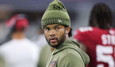 ARLINGTON, TEXAS - NOVEMBER 03: Kyler Murray #1 of the Arizona Cardinals watches action during a game against the Dallas Cowboys at AT&T Stadium on November 03, 2025 in Arlington, Texas. (Photo by Stacy Revere/Getty Images)