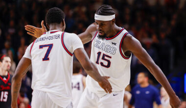 SPOKANE, WA - JANUARY 02: Gonzaga Bulldogs forward Graham Ike (15) celebrates with Gonzaga Bulldogs guard Tyon Grant-Foster (7) during the game between the Seattle U Redhawks and the Gonzaga Bulldogs at McCarthy Athletic Center in Spokane, WA, on January 2, 2026. (Photo by Oliver McKenna/Icon Sportswire via Getty Images)