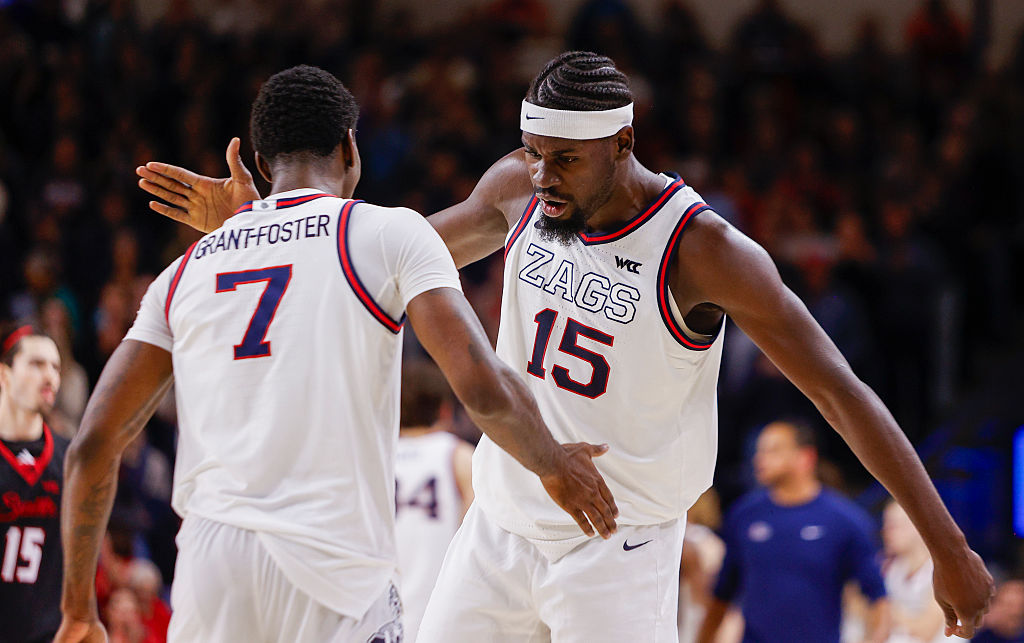 SPOKANE, WA - JANUARY 02: Gonzaga Bulldogs forward Graham Ike (15) celebrates with Gonzaga Bulldogs guard Tyon Grant-Foster (7) during the game between the Seattle U Redhawks and the Gonzaga Bulldogs at McCarthy Athletic Center in Spokane, WA, on January 2, 2026. (Photo by Oliver McKenna/Icon Sportswire via Getty Images)