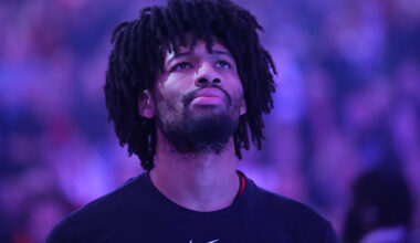 PORTLAND, OREGON - FEBRUARY 01: Shaedon Sharpe #17 of the Portland Trail Blazers stands for the national anthem before the game against the Cleveland Cavaliers at Moda Center on February 01, 2026 in Portland, Oregon. NOTE TO USER: User expressly acknowledges and agrees that, by downloading and or using this photograph, User is consenting to the terms and conditions of the Getty Images License Agreement. (Photo by Soobum Im/Getty Images)