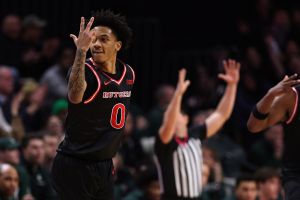 PISCATAWAY, NEW JERSEY - JANUARY 27: Tariq Francis #0 of the Rutgers Scarlet Knights reracts during the game against the Michigan State Spartans at Jersey Mike's Arena on January 27, 2026 in Piscataway, New Jersey. The Michigan State Spartans won 88-79. (Photo by Ishika Samant/Getty Images)