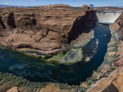 The Colorado River flows below the Glen Canyon Dam on April 18, 2023, in Page, Arizona.
