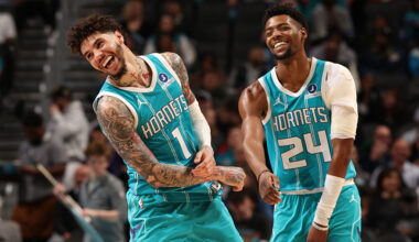 CHARLOTTE, NC - MARCH 3: LaMelo Ball #1 and Brandon Miller #24 of the Charlotte Hornets smiles during the game against the Dallas Mavericks on March 3, 2026 at Spectrum Center in Charlotte, North Carolina. NOTE TO USER: User expressly acknowledges and agrees that, by downloading and or using this photograph, User is consenting to the terms and conditions of the Getty Images License Agreement. Mandatory Copyright Notice: Copyright 2026 NBAE (Photo by Kent Smith/NBAE via Getty Images)