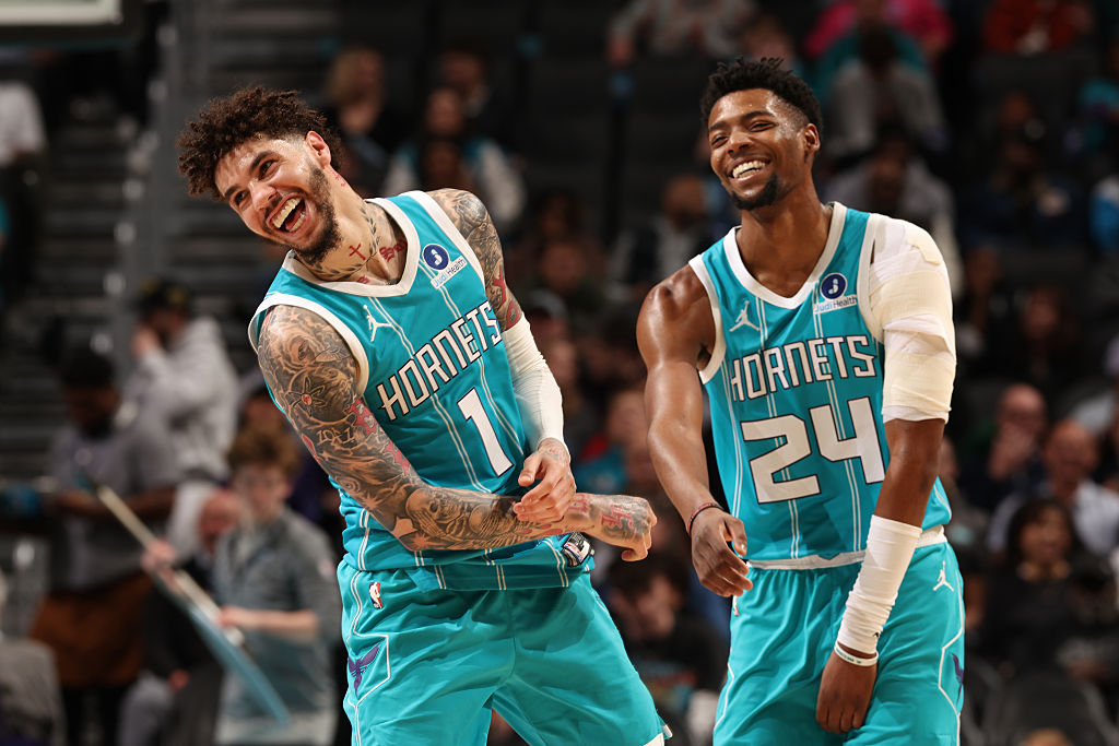 CHARLOTTE, NC - MARCH 3: LaMelo Ball #1 and Brandon Miller #24 of the Charlotte Hornets smiles during the game against the Dallas Mavericks on March 3, 2026 at Spectrum Center in Charlotte, North Carolina. NOTE TO USER: User expressly acknowledges and agrees that, by downloading and or using this photograph, User is consenting to the terms and conditions of the Getty Images License Agreement. Mandatory Copyright Notice: Copyright 2026 NBAE (Photo by Kent Smith/NBAE via Getty Images)