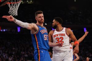 NEW YORK, NEW YORK - MARCH 04: Isaiah Hartenstein #55 of the Oklahoma City Thunder reacts to a call during the second quarter against the New York Knicks at Madison Square Garden on March 04, 2026 in New York City. NOTE TO USER: User expressly acknowledges and agrees that, by downloading and or using this photograph, user is consenting to the terms and conditions of the Getty Images License Agreement. (Photo by Ishika Samant/Getty Images)