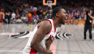 KANSAS CITY, MISSOURI - MARCH 13: Jaden Bradley #0 of the Arizona Wildcats celebrates after hitting the game-winning basket against the Iowa State Cyclones in the second half during the semifinals of the Big 12 Tournament at T-Mobile Center on March 13, 2026 in Kansas City, Missouri. (Photo by Ed Zurga/Getty Images)