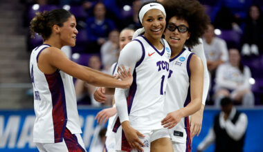 Taylor Bigby #1 of the TCU Horned Frogs celebrates with teammates Donovyn Hunter #4 and Olivia Miles #5 in the first half against the UC San Diego Tritons during the first round of the NCAA Women's Basketball Tournament on March 20, 2026 in Fort Worth, Texas.