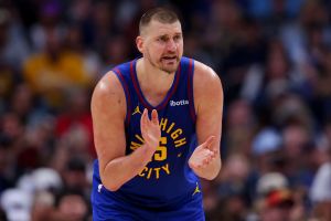 DENVER, CO - MARCH 22: Nikola Jokic #15 of the Denver Nuggets claps on the court during the third quarter against the Portland Trail Blazers at Ball Arena on March 22, 2026 in Denver, Colorado. NOTE TO USER: User expressly acknowledges and agrees that, by downloading and or using this photograph, User is consenting to the terms and conditions of the Getty Images License Agreement. The Nuggets defeated the Trail Blazers 128-112. (Photo by Justin Edmonds/Getty Images)