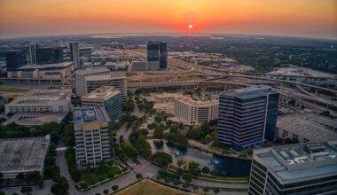 Aerial view of Plano, TX during a sunset