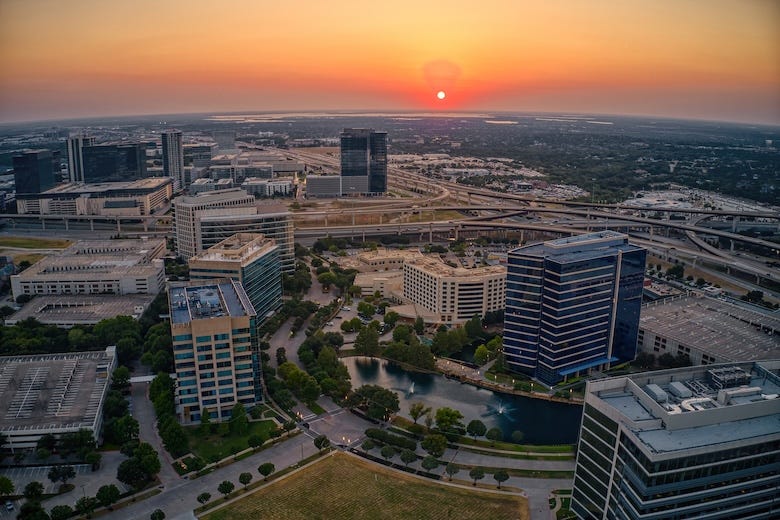 Aerial view of Plano, TX during a sunset