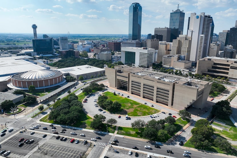 Aerial view of Dallas City Hall (right) and the Kay Bailey Hutchison Convention Center on...