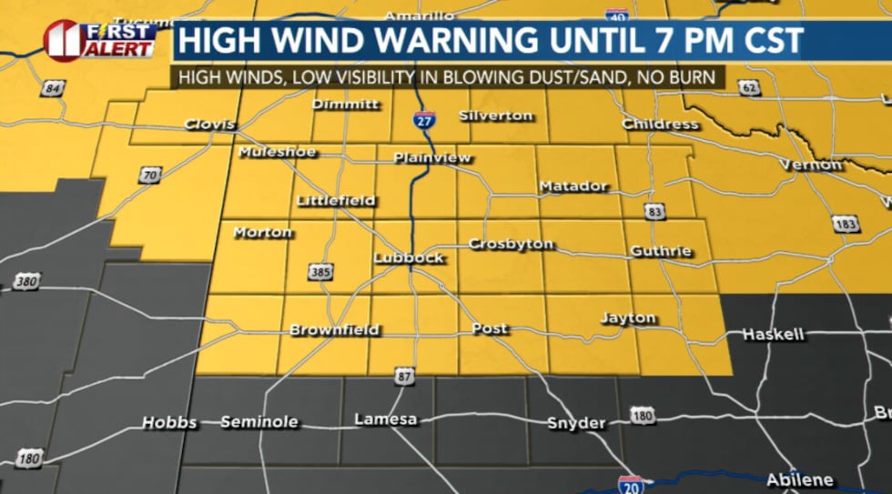 High wind warning in effect until 7pm with gusts up to 65 mph possible