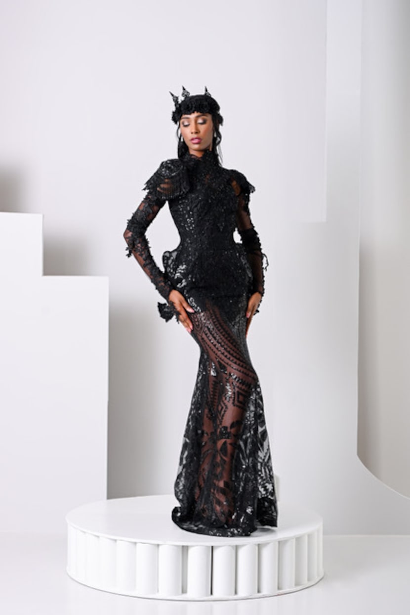 A model wears a design by Steven Goudeau.