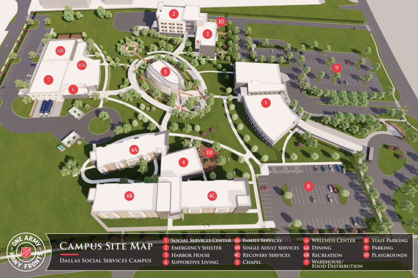 This map shows the layout of The Salvation Army's new 21-acre campus set to open in 2027.