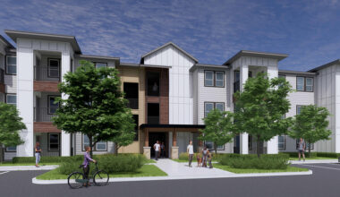 Rendering shows depiction of what the new apartment community will look like. Featured is an apartment building with a white vinyl siding exterior, and brown decorative wood trim siding on the balconies. There are several trees surrounding the building an