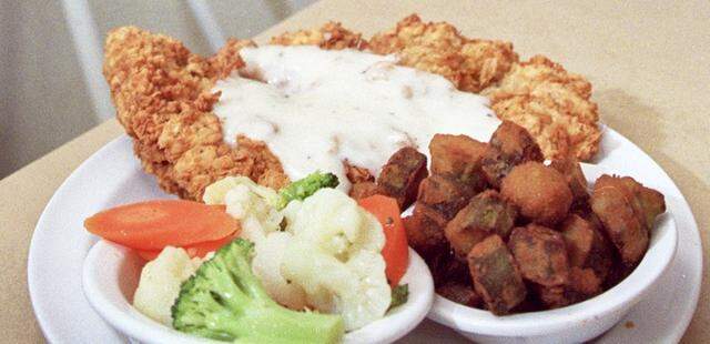 Chicken-fried chicken, okra, carrots and broccoli at Bluebonnet Cafe.