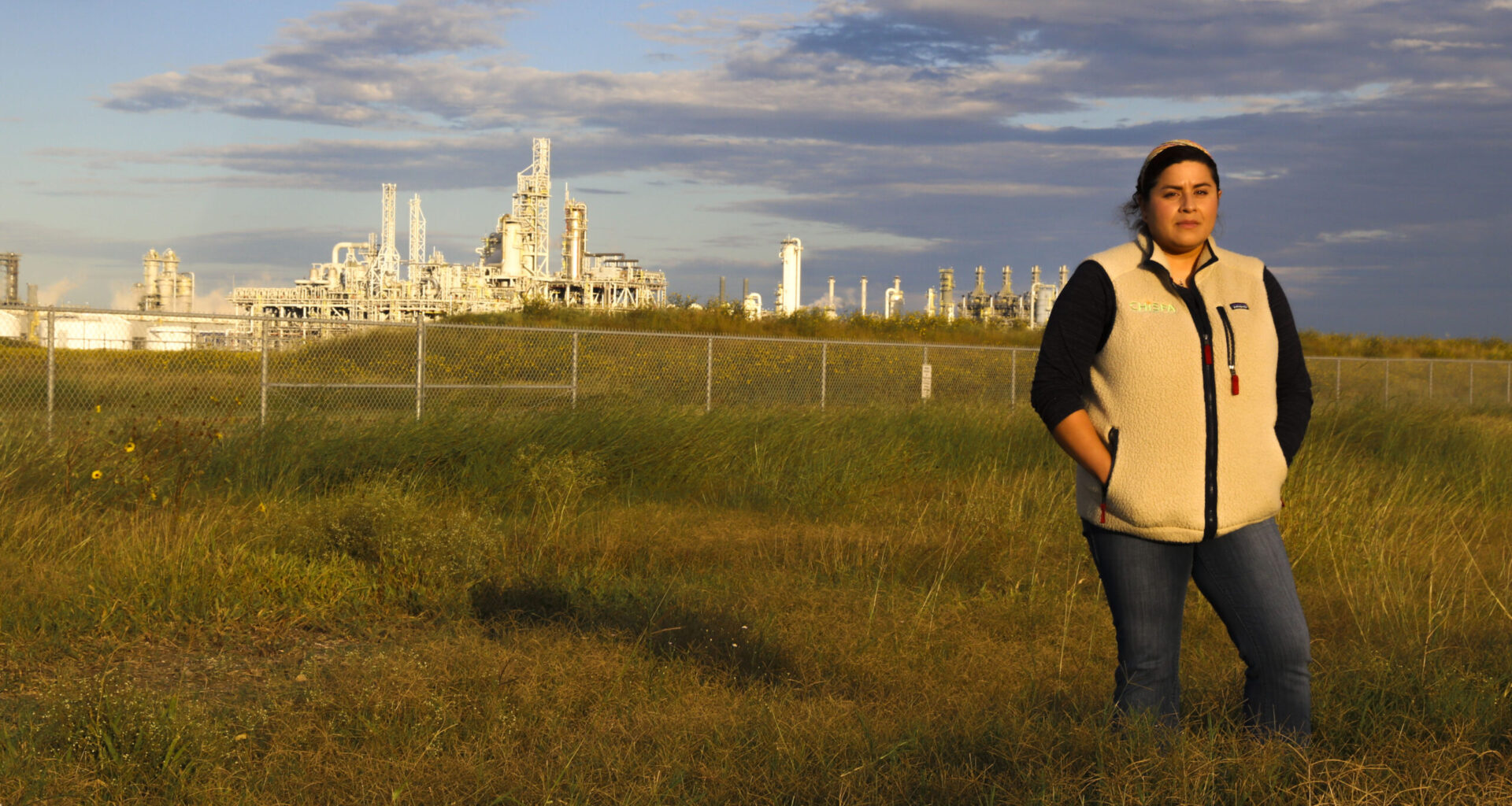 Elida Castillo outside Exxon’s new plastics plant, eight miles from her family home in San Patricio County. Credit: Dylan Baddour