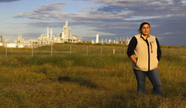 Elida Castillo outside Exxon’s new plastics plant, eight miles from her family home in San Patricio County. Credit: Dylan Baddour